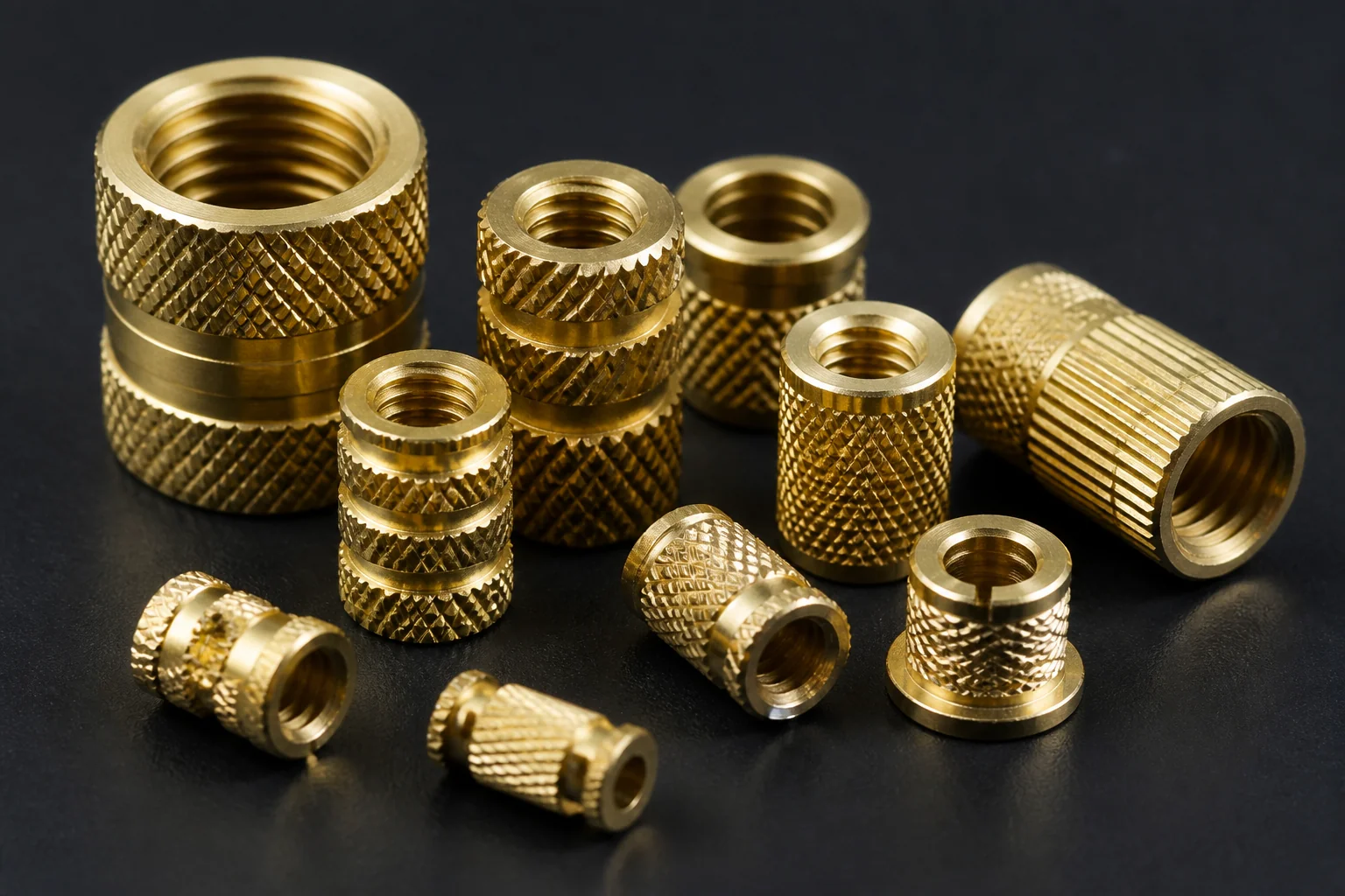 Knurled brass threaded inserts and bushings for plastic and metal assemblies