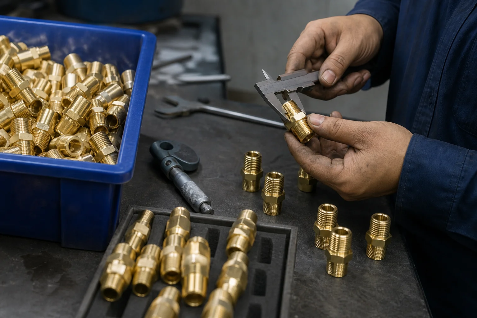 Brass fittings inspected for thread form, dimensions and finish before packing