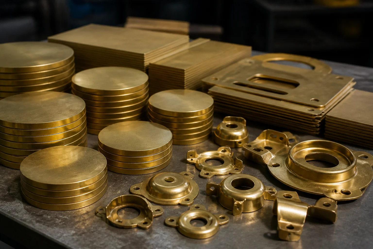 Brass sheet blanks and stamped industrial components on a work surface
