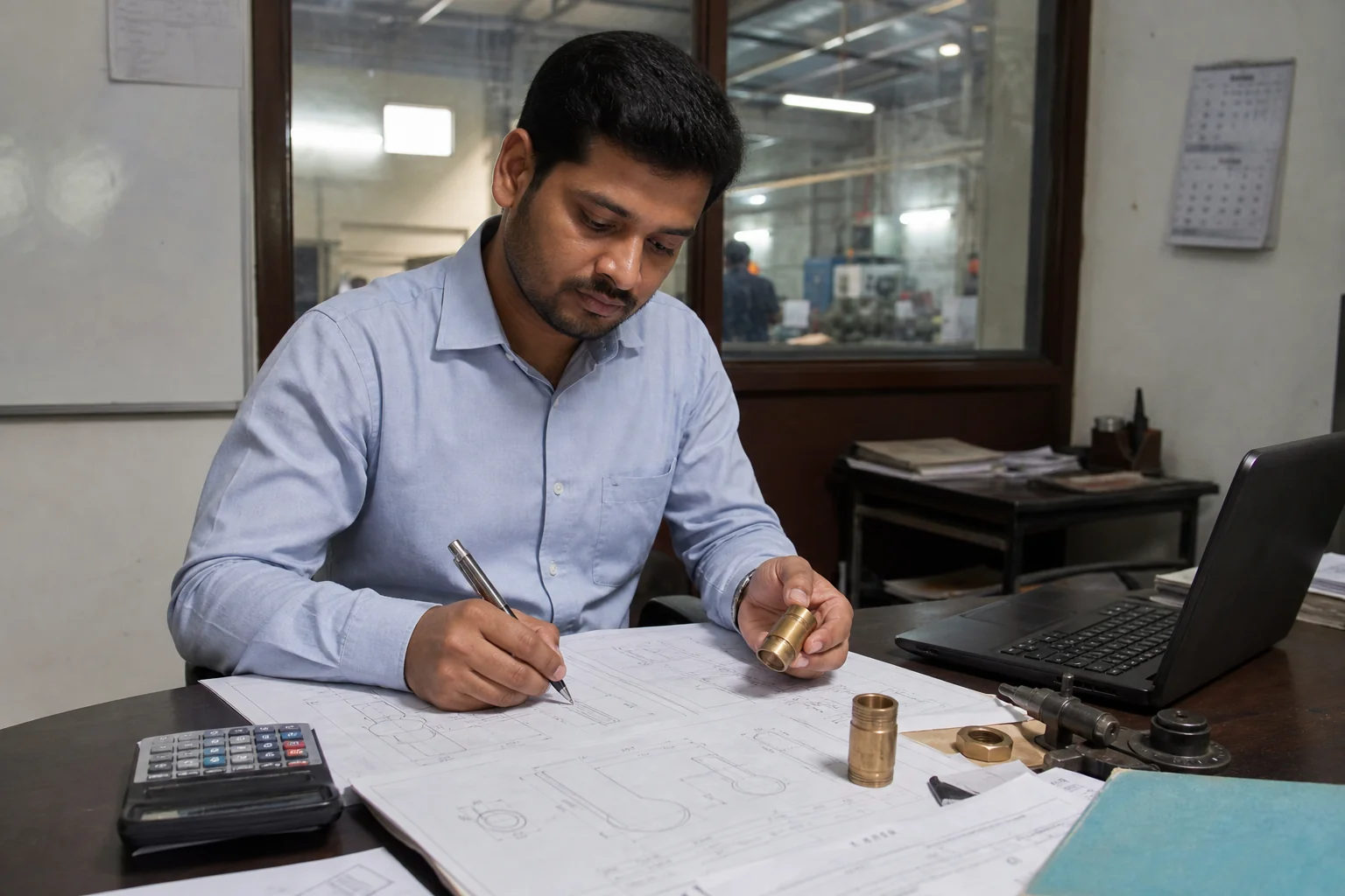 Engineer preparing a drawing and sample for a custom brass parts quotation