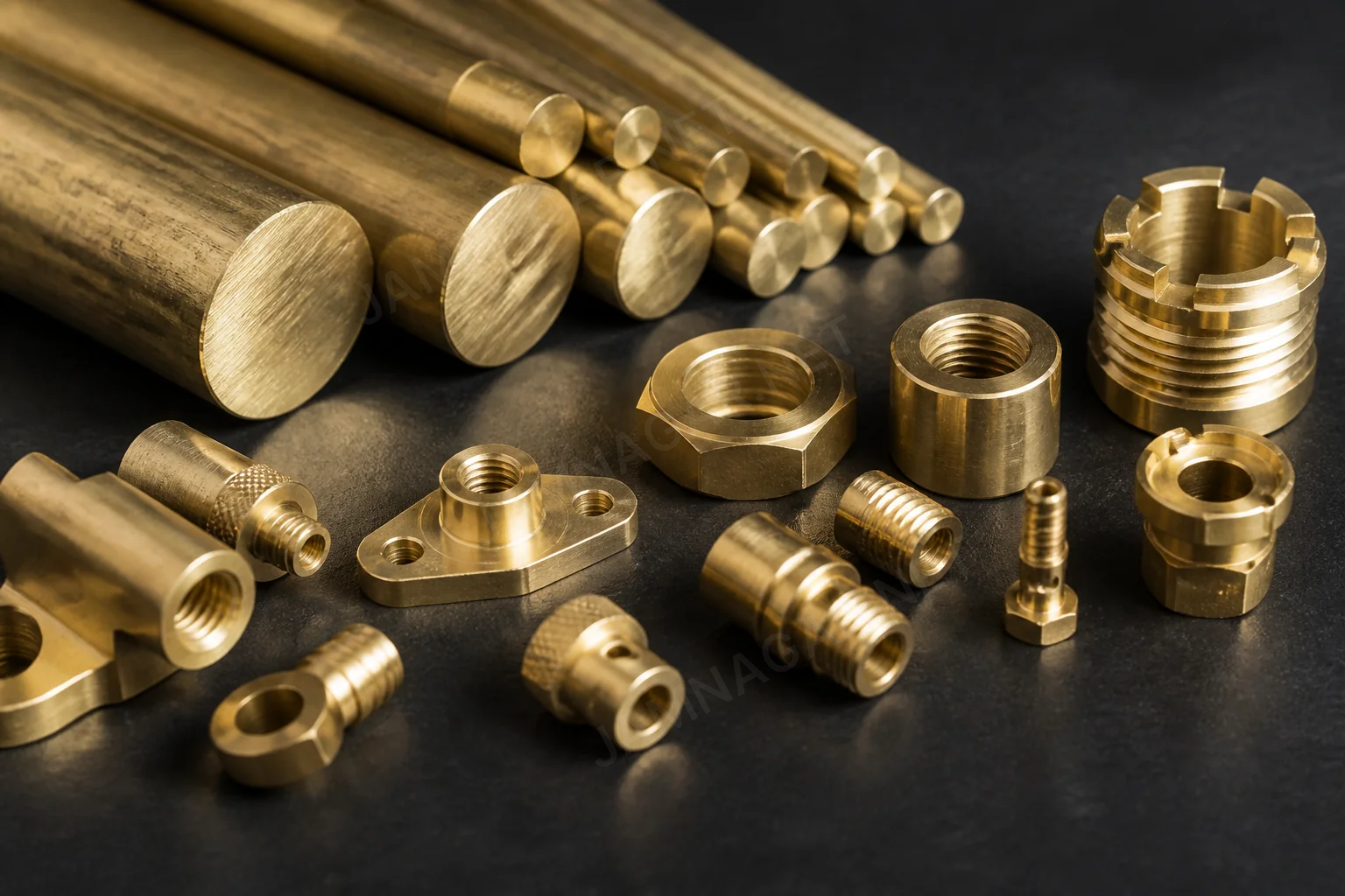 Brass rods and machined components representing common alloy grades for OEM supply