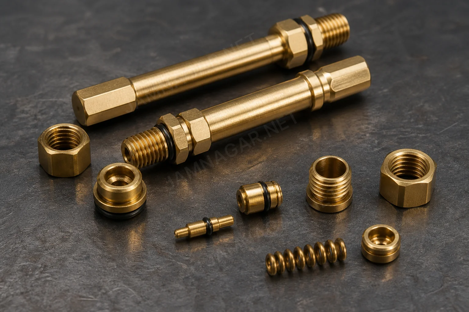 Machined brass valve components showing sealing and stem interfaces Machined brass valve components showing sealing and stem interfaces