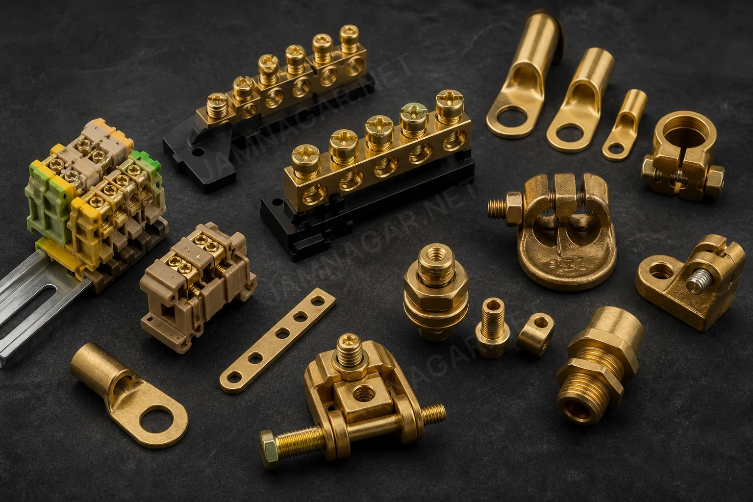 Cable gland bodies and electrical brass terminals arranged by size Cable gland bodies and electrical brass terminals arranged by size