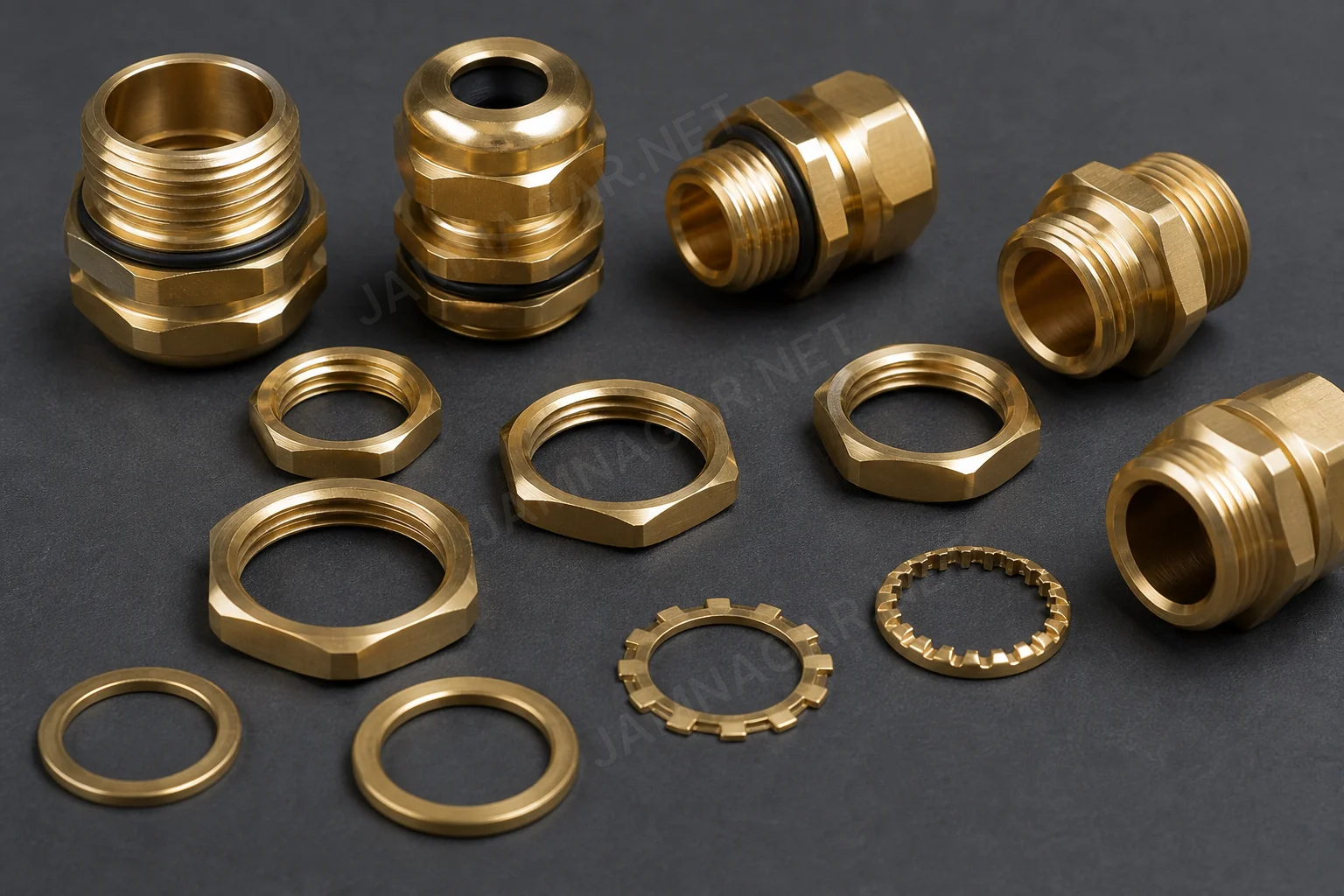 Brass cable gland components and electrical hardware arranged for OEM inspection