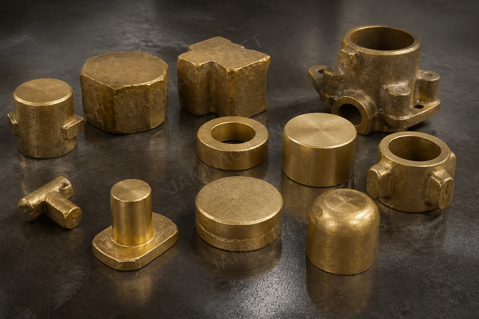 Machined brass components illustrating forge-blank and CNC process routes Machined brass components illustrating forge-blank and CNC process routes