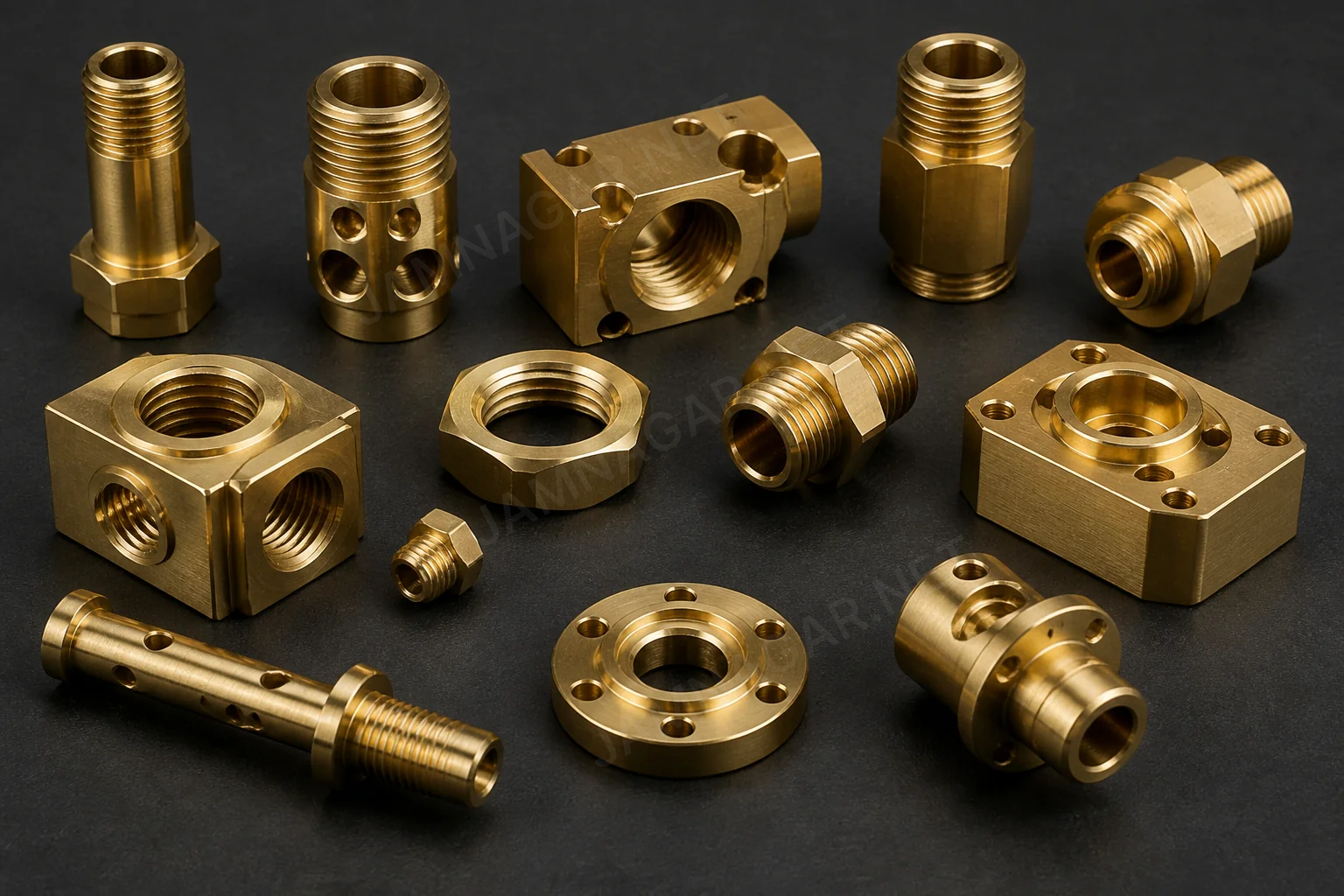 Near-net brass blank beside finished machined industrial part Near-net brass blank beside finished machined industrial part