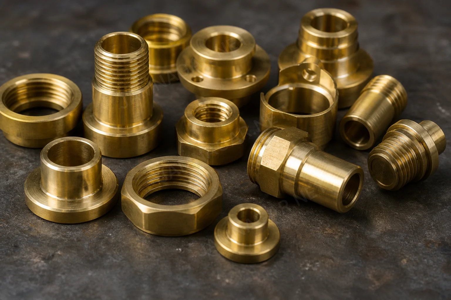 Close-up of threaded brass industrial parts used in wholesale supply programmes Close-up of threaded brass industrial parts used in wholesale supply programmes