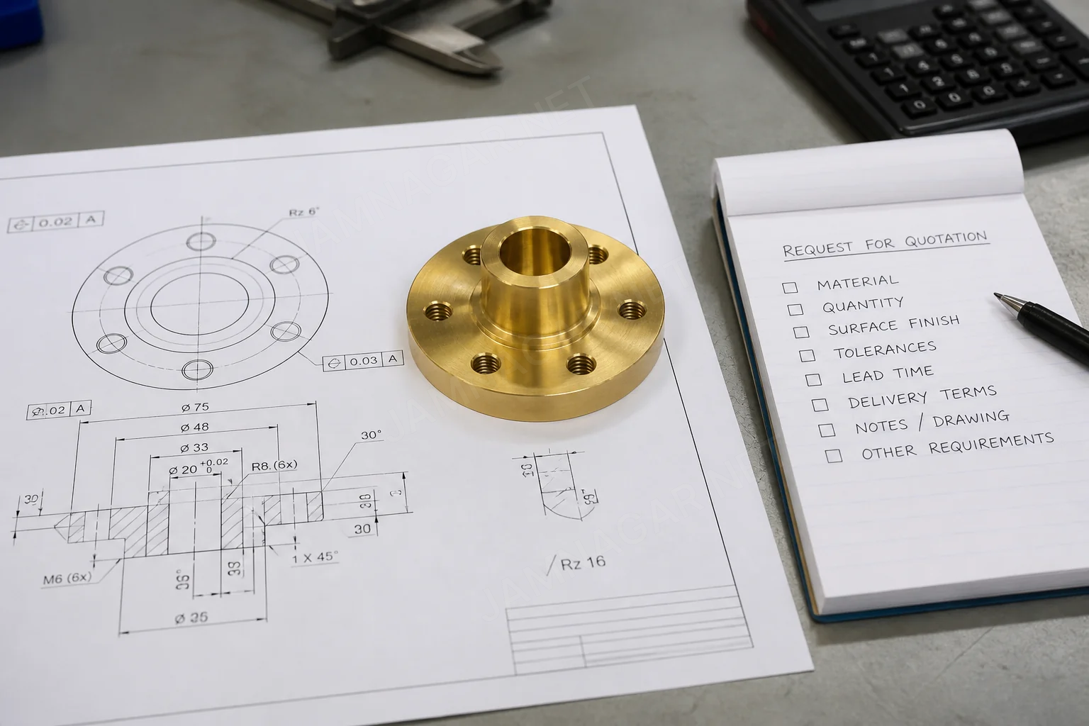 Engineering drawing and checklist for requesting a brass parts quotation