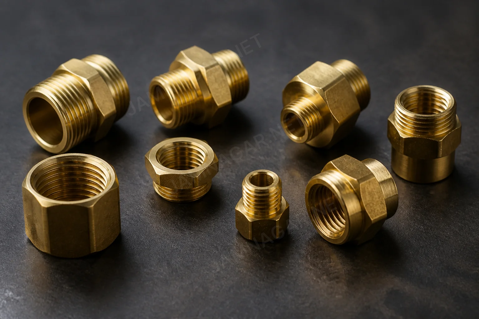 Threaded brass pipe fitting ends showing BSP-style machining detail Threaded brass pipe fitting ends showing BSP-style machining detail