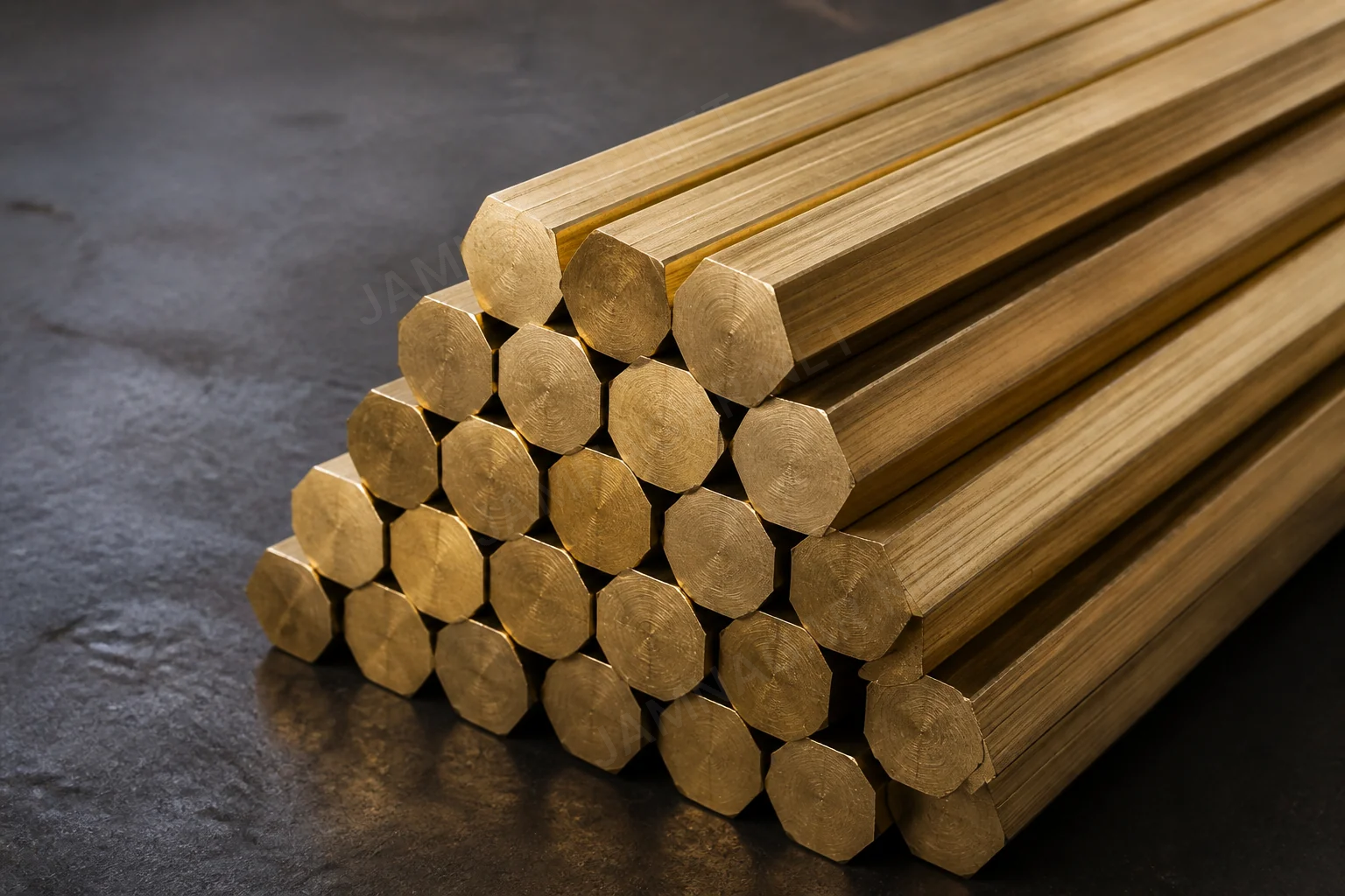 Extruded brass rods and bars stacked for industrial cutting and supply Extruded brass rods and bars stacked for industrial cutting and supply