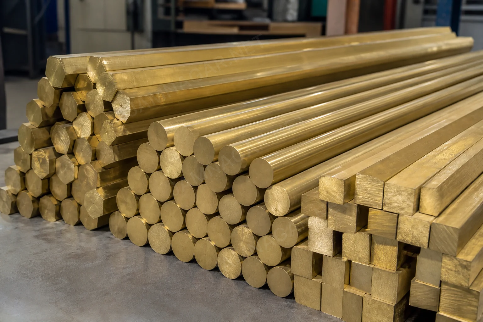 Extruded brass rods and bars stacked for industrial supply