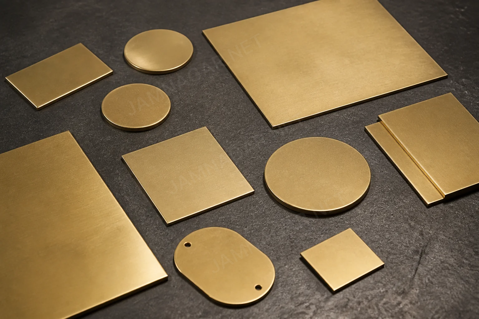 Brass sheet blanks and stamped industrial components on a work surface