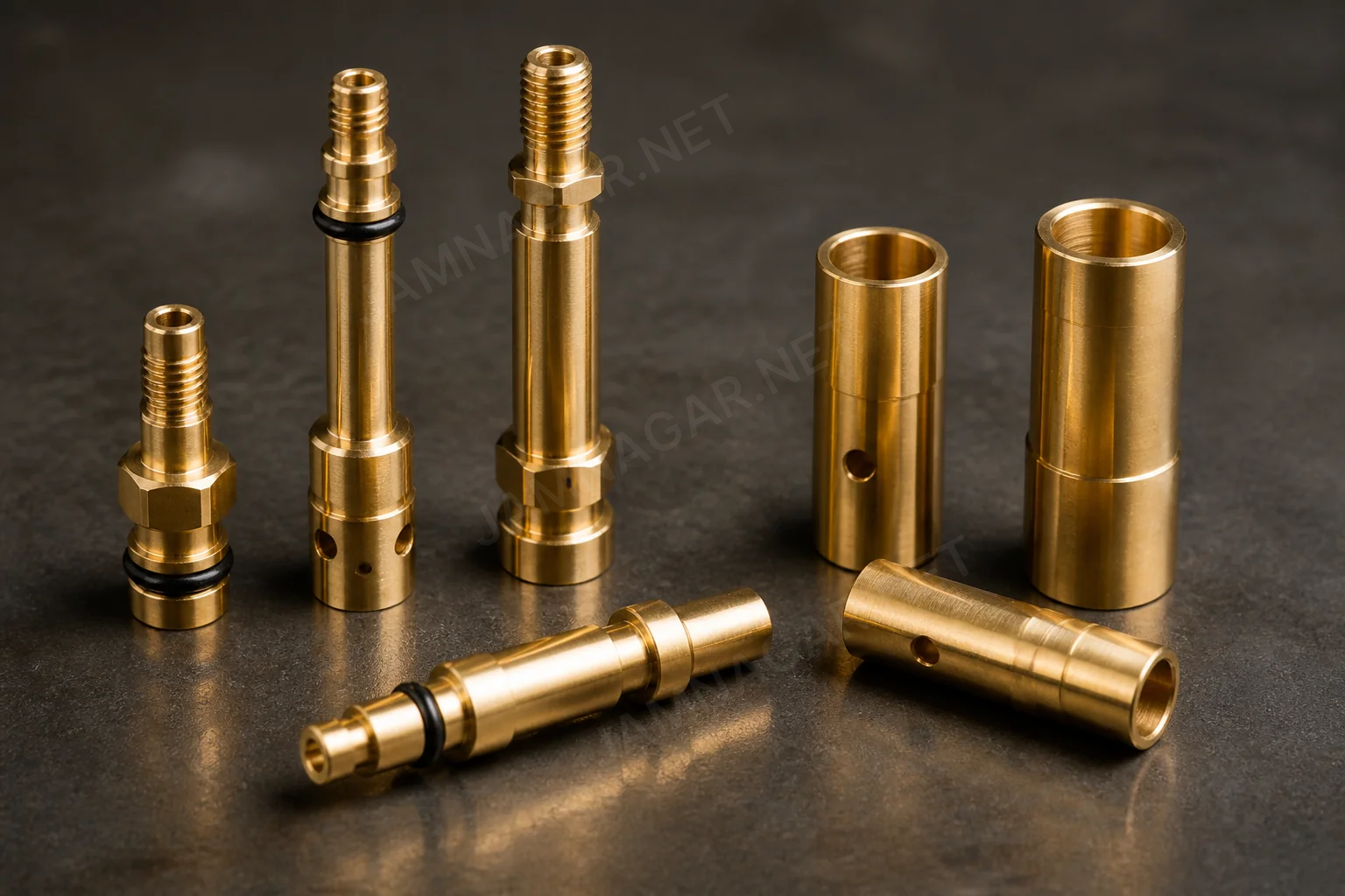 Workshop view of turned brass blanks prepared for secondary operations Workshop view of turned brass blanks prepared for secondary operations