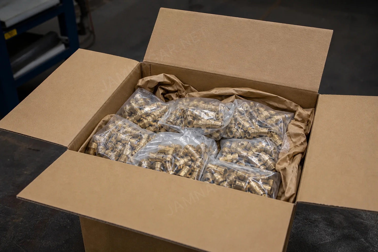Packed brass industrial components prepared for export shipment Packed brass industrial components prepared for export shipment