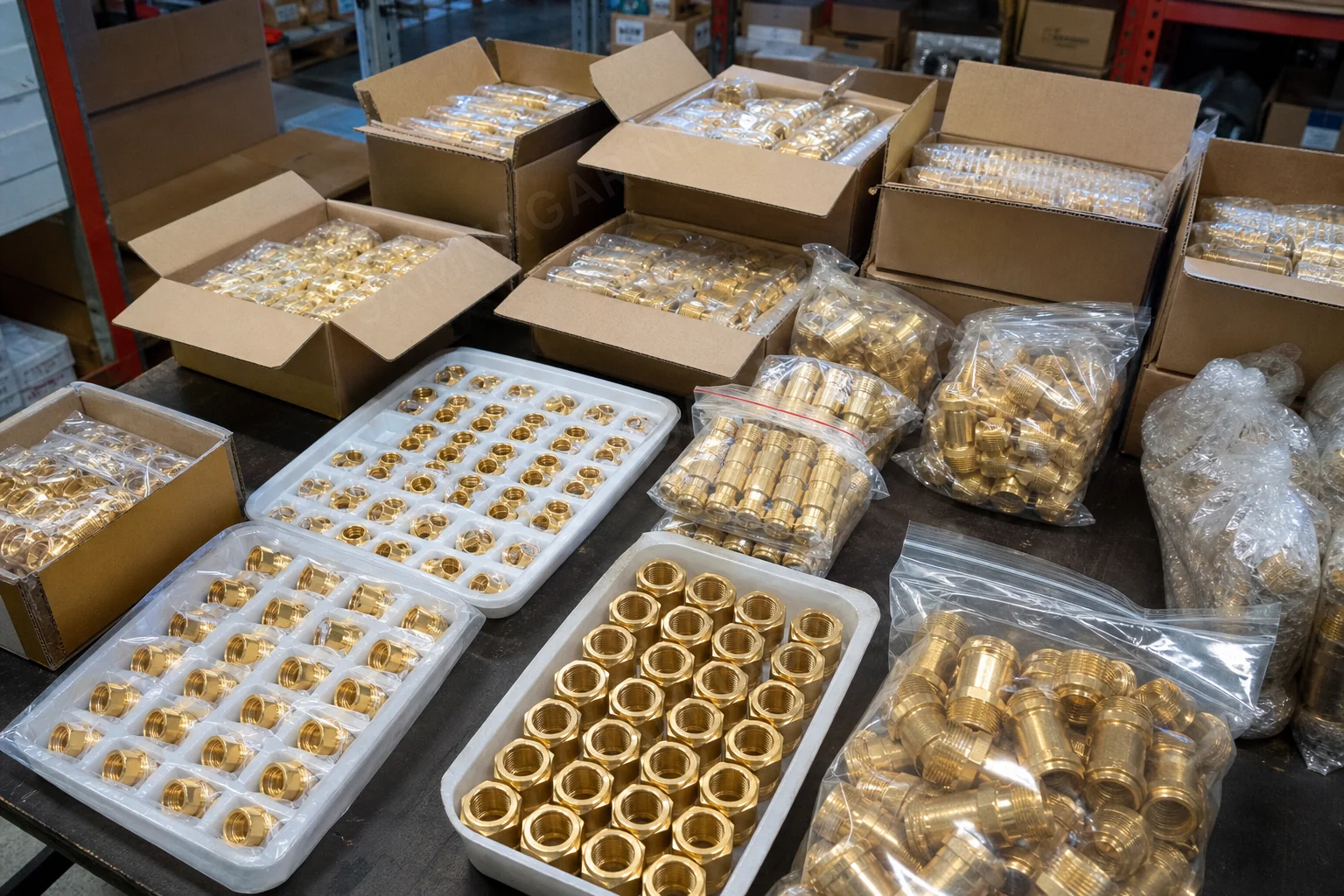 Packed brass industrial components prepared for export shipment
