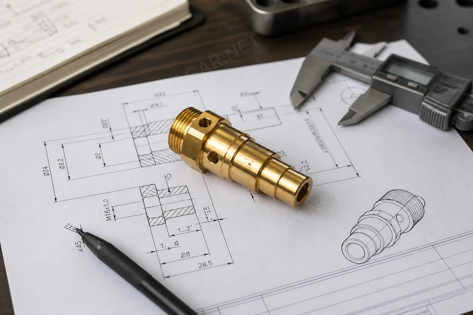 Engineer preparing a drawing and sample for a custom brass quotation Engineer preparing a drawing and sample for a custom brass quotation